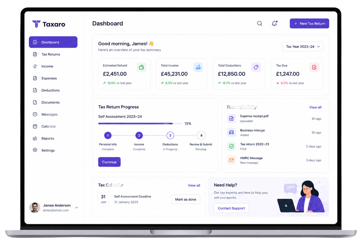Taxaro desktop dashboard mockup
