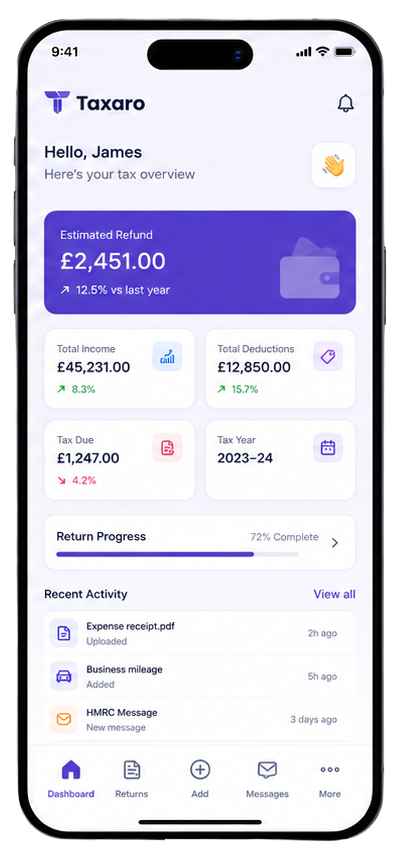 Taxaro mobile app mockup