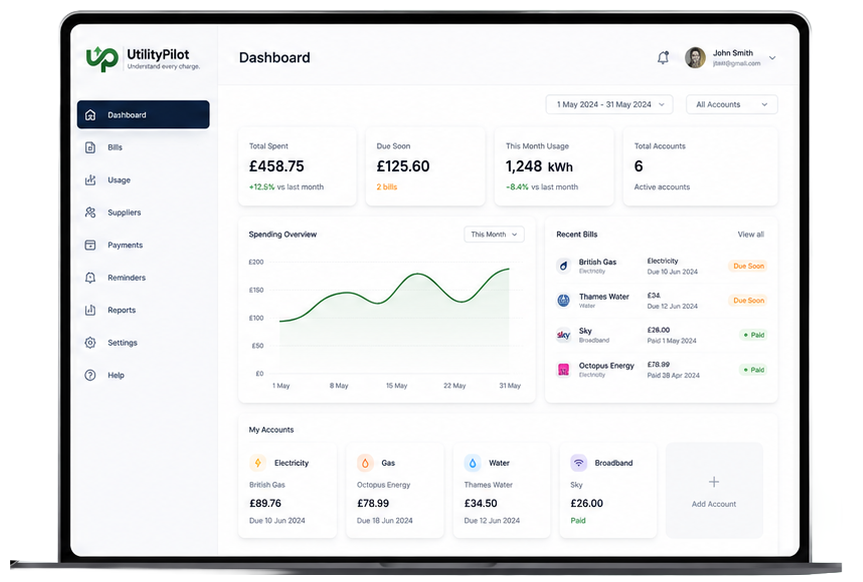 UtilityPilot desktop dashboard mockup